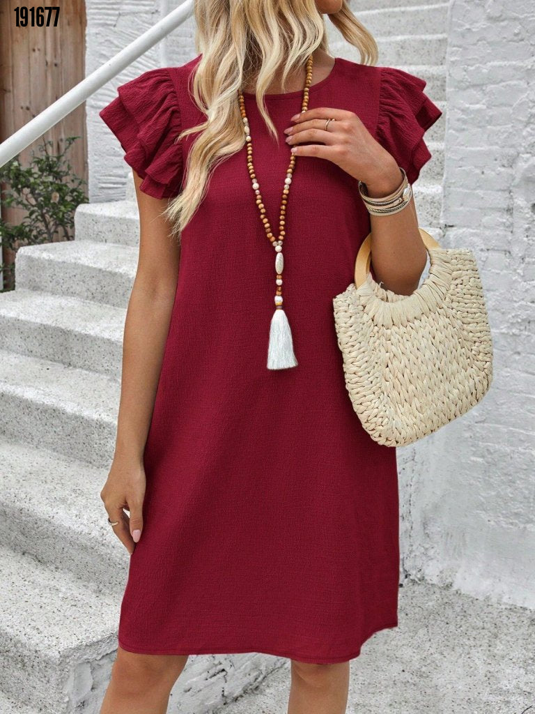 Kadın kısa kollu bisiklet yaka fırfırlı kısa bürümcük elbise