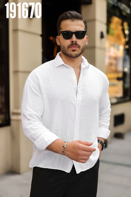 Erkek Rahat Kalıp Pamuklu Müslin Kumaş Gömlek (191670)