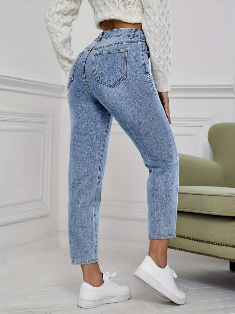 Kadın Açık Mavi Yırtık Mom Fit Kot Pantolon (191179)