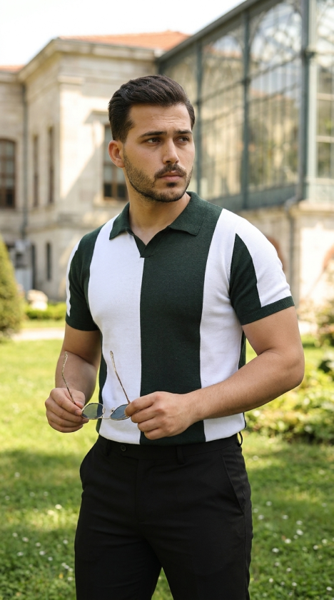 Erkek Kısa Kollu Polo Yakalı Blok Desenli Triko Bluz (189235)