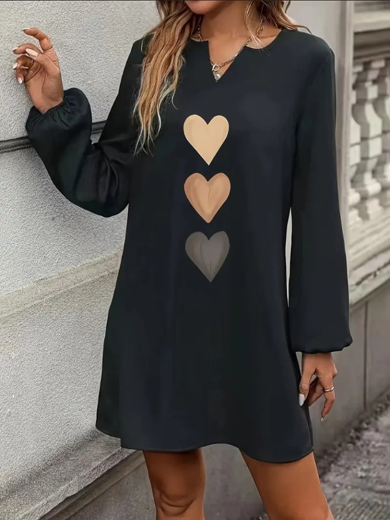 Kadın Uzun Kollu V Yakalı Kalp Desenli Mini Ithal Krep Elbise (175144)