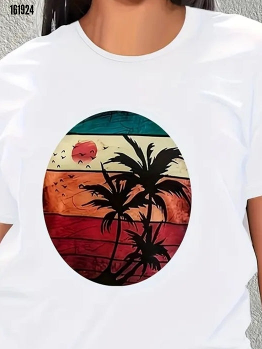 Kadın kısa kollu palmiye baskılı viskon tshirt