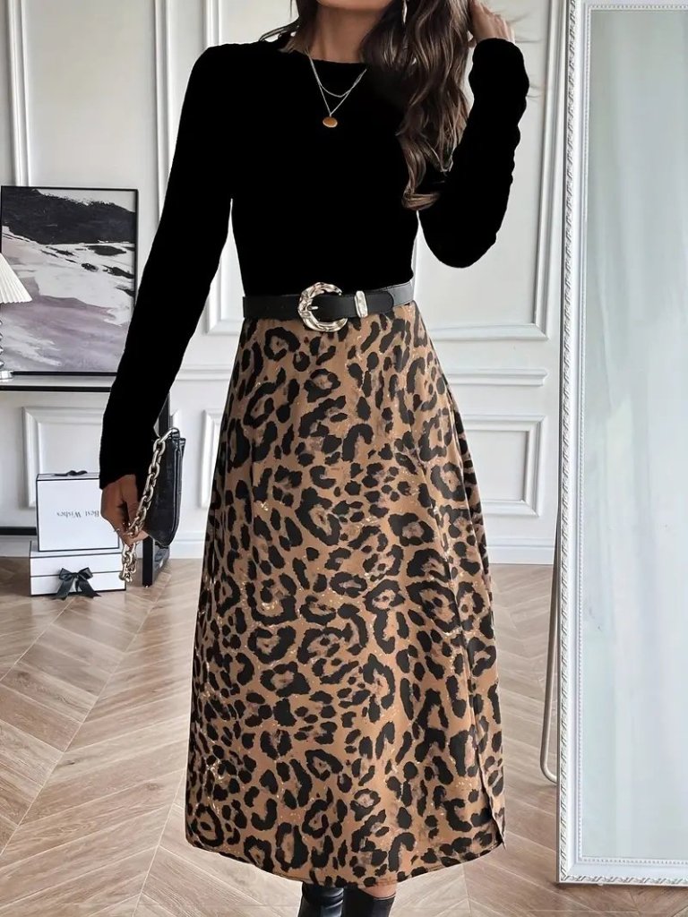 Kadın Uzun Kollu Bisiklet Yaka Ithal Krep Bluz Alt Desenli Modal Midi Elbise (176629)