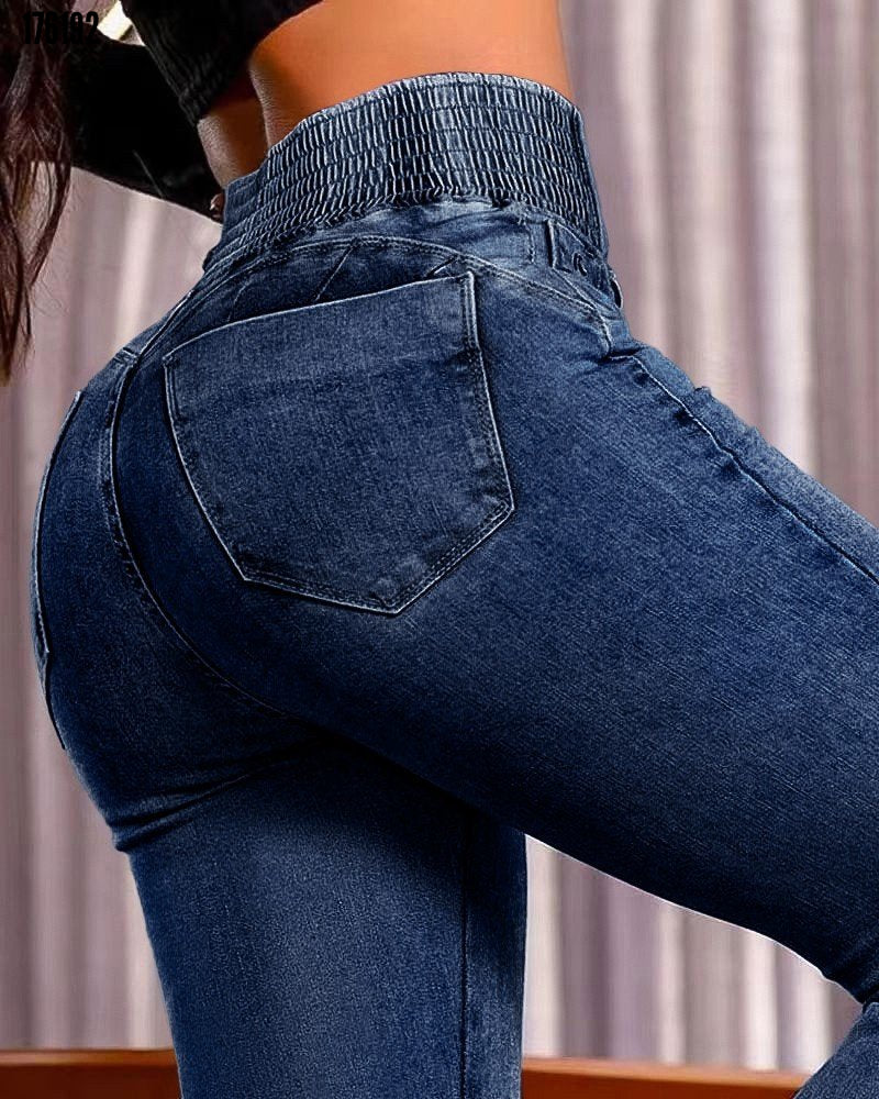 Kadın yüksek bel yanları lastik önü düğmeli kot pantolon