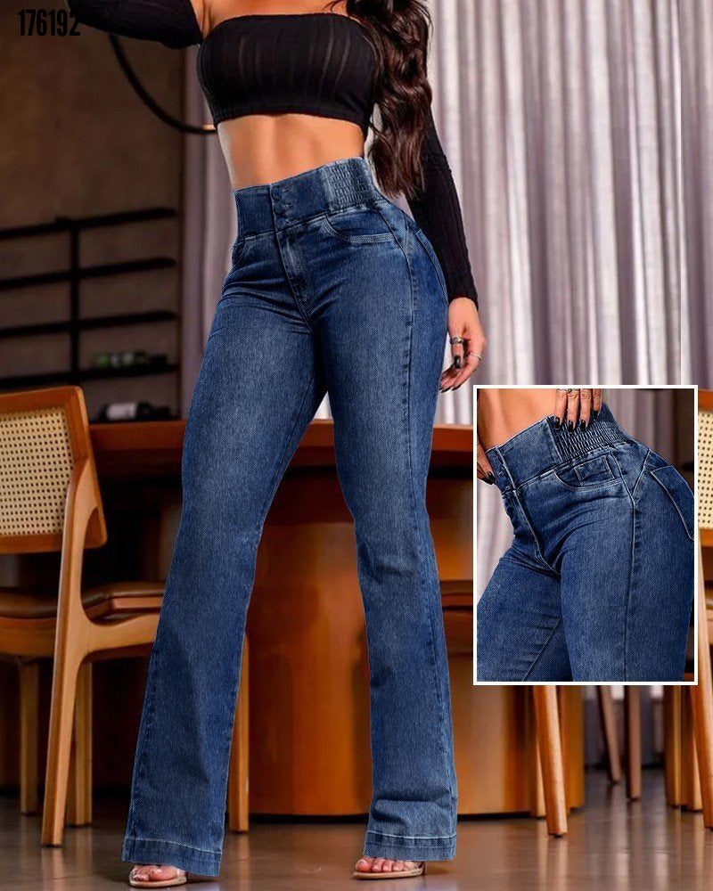 Kadın yüksek bel yanları lastik önü düğmeli kot pantolon