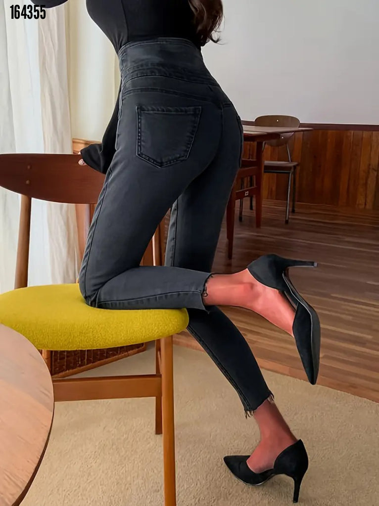 Kadın yüksek bel önden düğmeli cepli kot pantolon