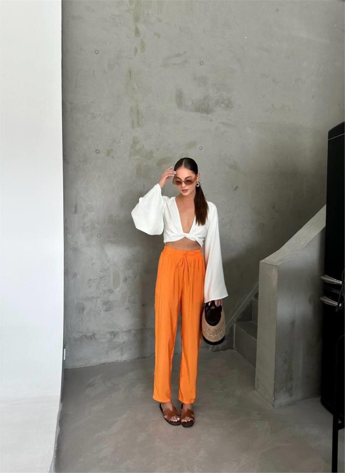 BEL LASTİK DETAYLI MODAL KUMAŞ PANTOLON - Orange (152066)