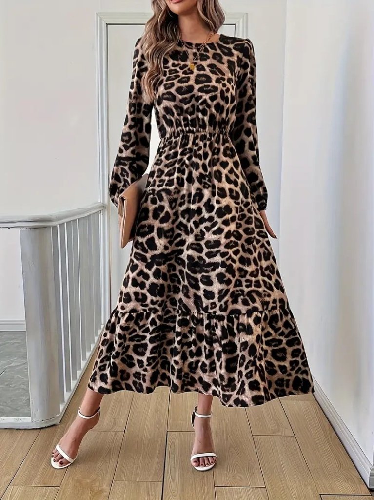 Uzun Kollu Bisiklet Yaka Leopar Desenli Midi Süprem Elbise (175234)
