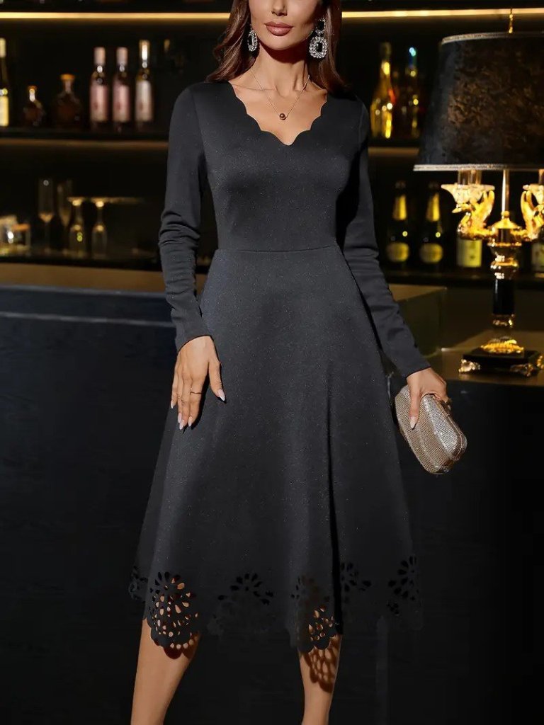 Kadın Uzun Kollu V Yakalı Lazer Kesim Detaylı Midi Ithal Krep Elbise (178493)