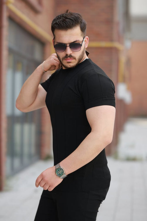 Erkek Ince çizgi Dokulu Bisiklet Yaka Kısa Kollu T-shirt (162325)