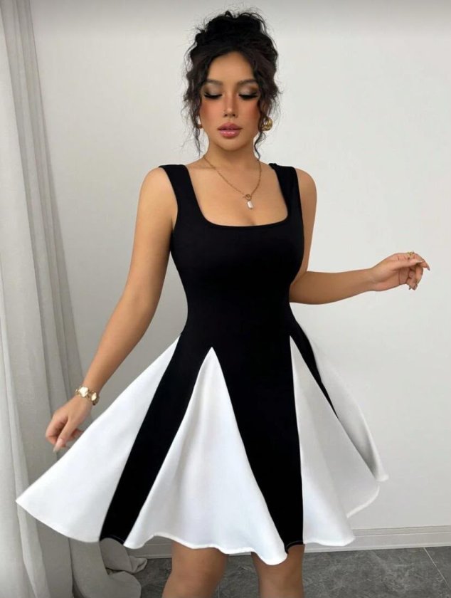 Kadın Kare Yaka Çift Renk Çan Etek Detay Mini Elbise (192456)