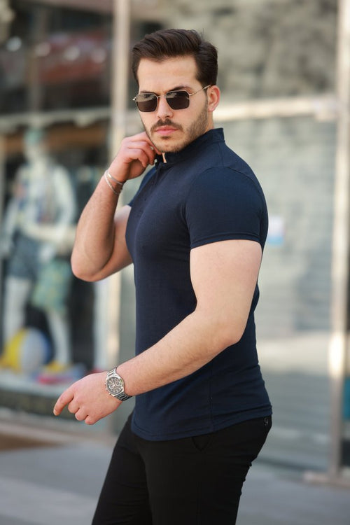 Erkek Hakim Yaka Dokuma Pamuklu Kumaş Kısa Kollu T-shirt (160090)