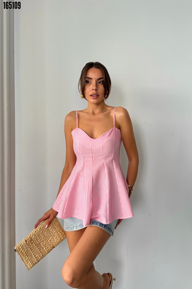 ÇİZGİLİ GOFRE ASKILI PENS DETAYLI BLUZ Pembe