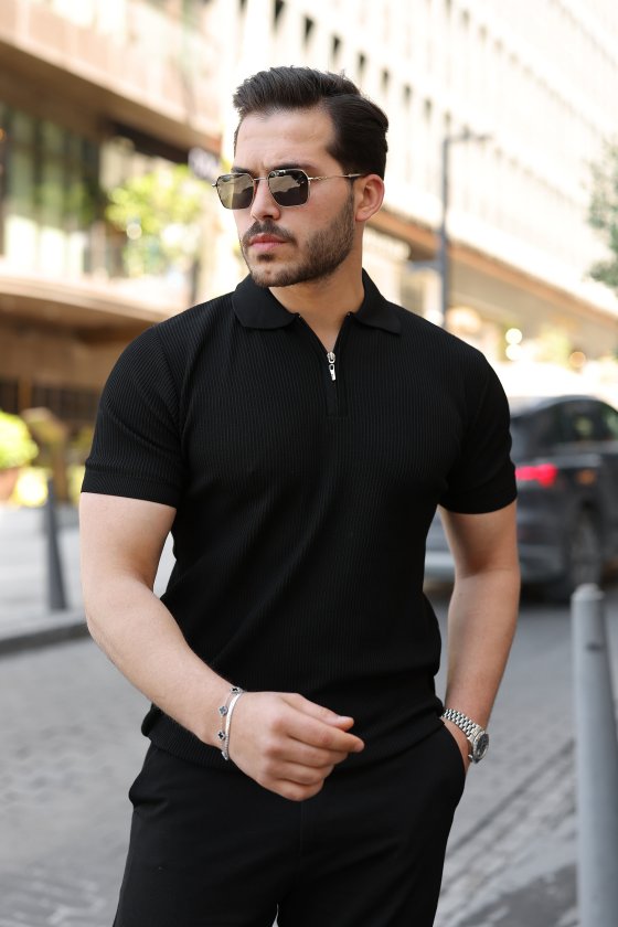 Erkek Fermuarlı Yakalı Kısa Kollu Tshirt (159165)