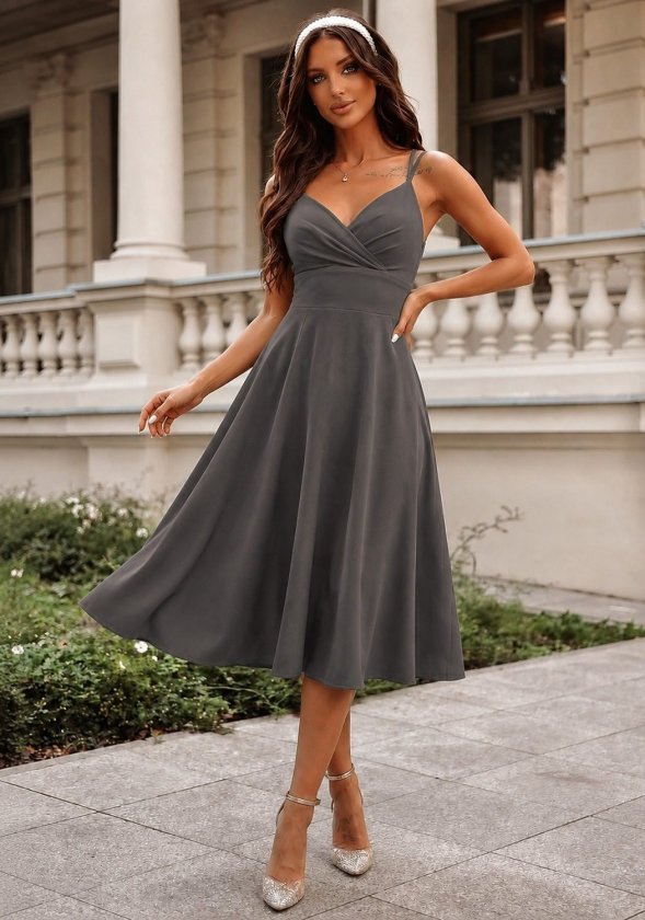 Kadın Ip Askılı Kruvaze Yakalı Midi Janjan Krep Elbise (189752)