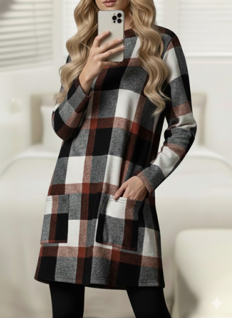 Kadın Uzun Kollu Yarı Balıkçı Yakalı Cep Detaylı Ekoseli Dokuma Tunik (179127)