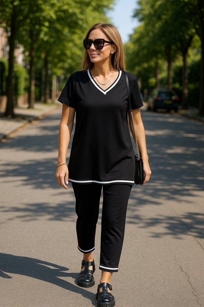 Kadın Kısa Kollu V Yakalı Iki Iplik Bluz Ve Pantolon Ikili Takım (185571)
