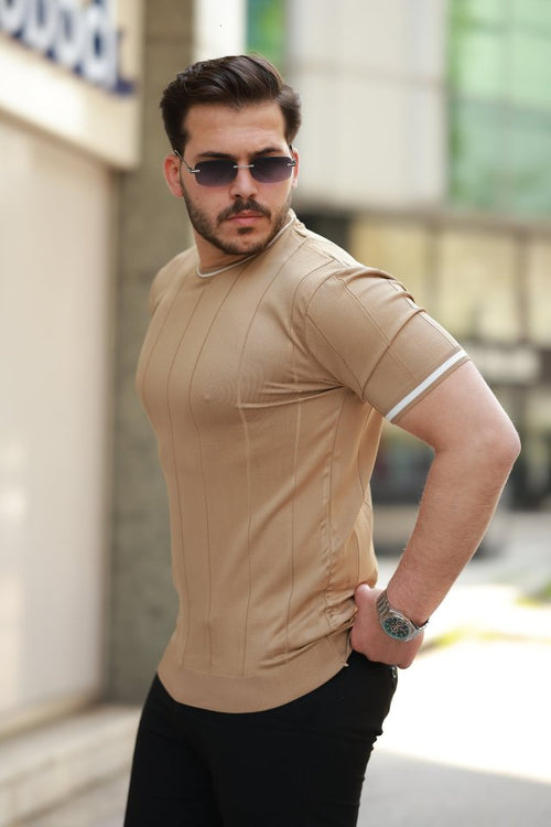 Erkek Bisiklet Yaka çizgi Desenli Ribanalı Kısa Kollu Tshirt (159137)