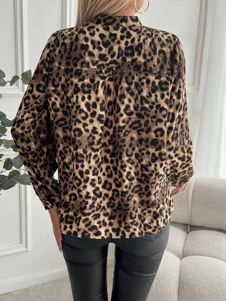 Kadın Uzun Kollu V Yakalı Modal Leopar Desenli Bluz (182365)