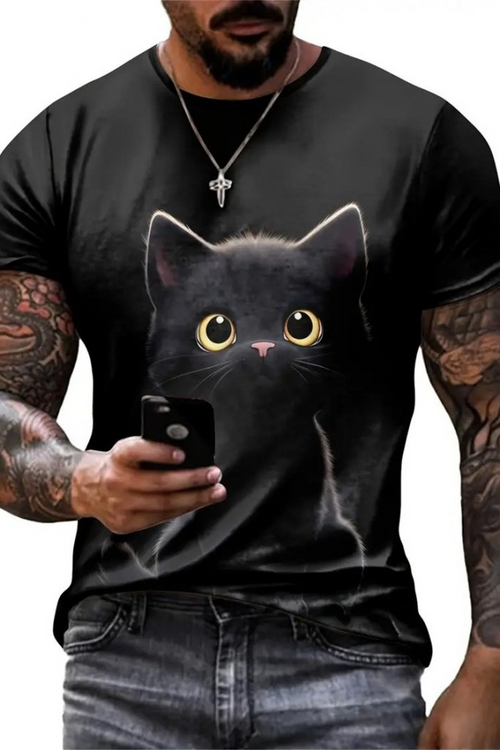 Erkek Bisiklet Yaka Kedi Baskılı Süprem T-shirt (123493)