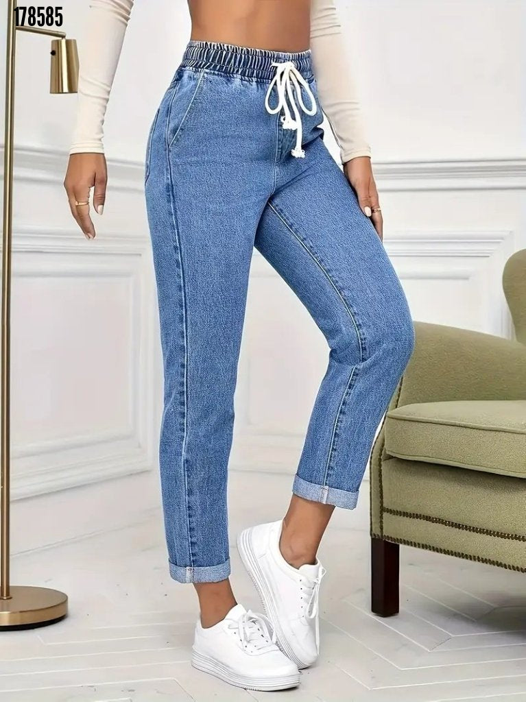 Kadın yüksek bel bağcıklı kot pantolon