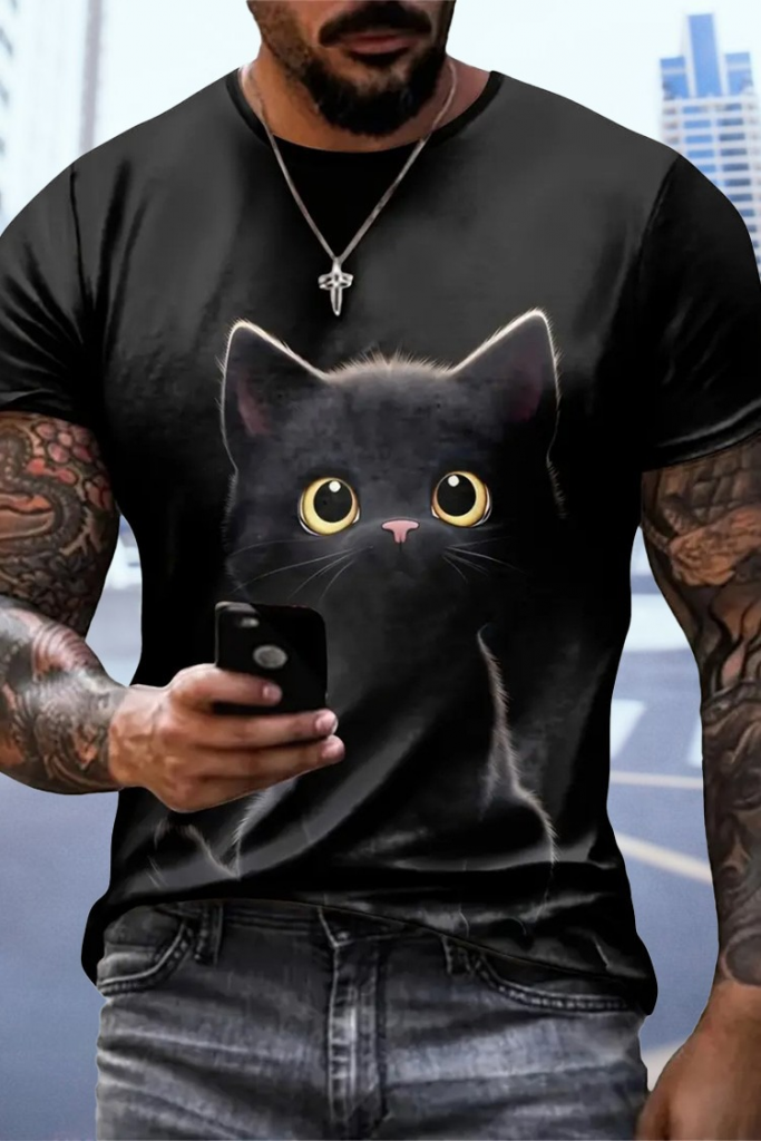 Erkek Bisiklet Yaka Kedi Baskılı Süprem T-shirt (123493)
