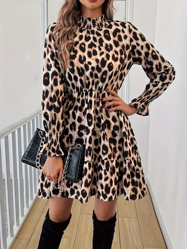 Kadın Uzun Kollu Yarı Balıkçı Yaka Leopar Desenli Modal Mini Elbise (173217)