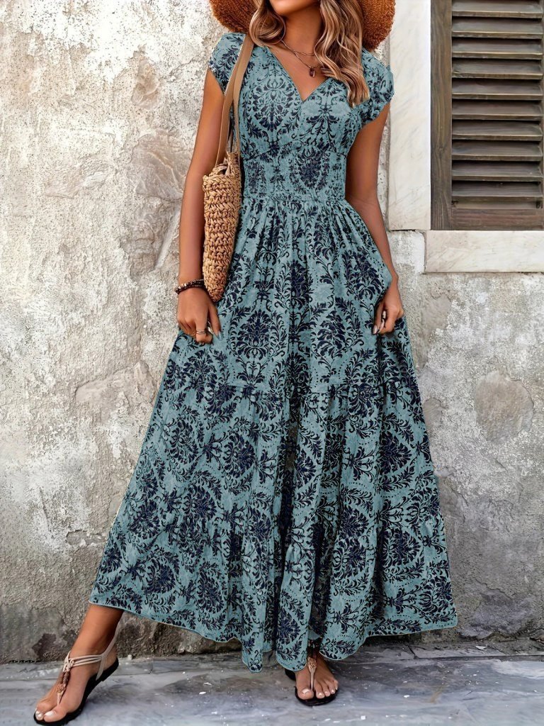Kadın Kısa Kollu Kruvaze Yaka Beli Lastikli Süprem Maksi Boy Elbise (164508)