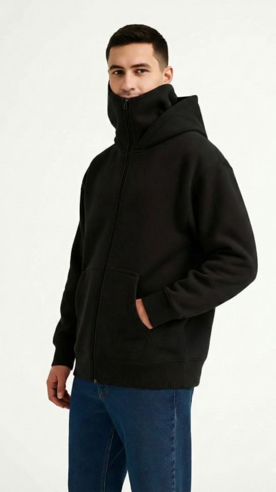 Samuray Ninja Çift Kapüşonlu ZIP Fermuarlı Kanguru Cepli Tam Fermuarlı Hoodie Sweatshirt - Siyah (179887)