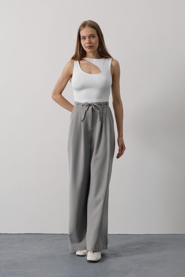 Pileli Bağcıklı Oversize Pantolon - Gri (162830)