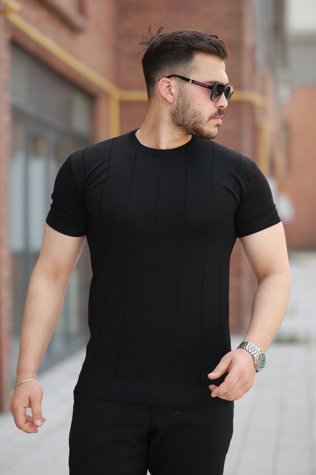 Erkek Ince çizgi Dokulu Bisiklet Yaka Kısa Kollu T-shirt (162325)