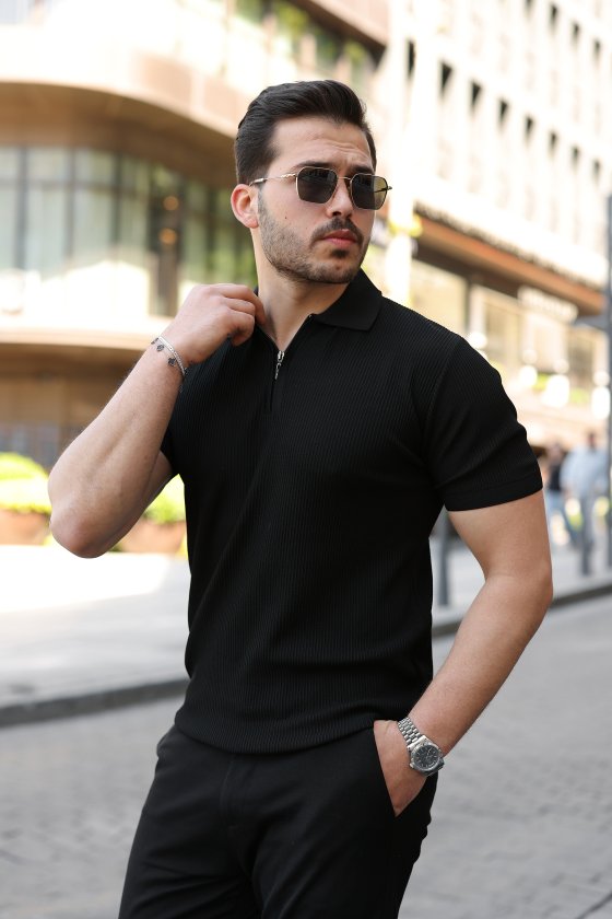 Erkek Fermuarlı Yakalı Kısa Kollu Tshirt (159165)