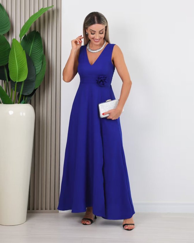 Kadın Askılı Derin V Yakalı Yırtmaçlı Uzun Elbise (191072)