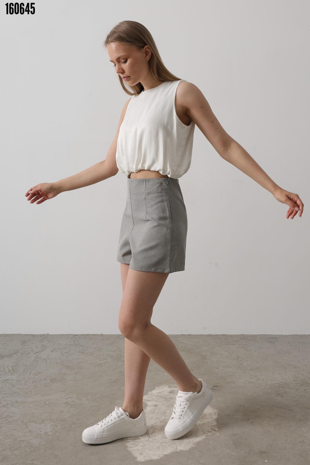 Saten Kolsuz Belki Lastikli Bluz Ekru
