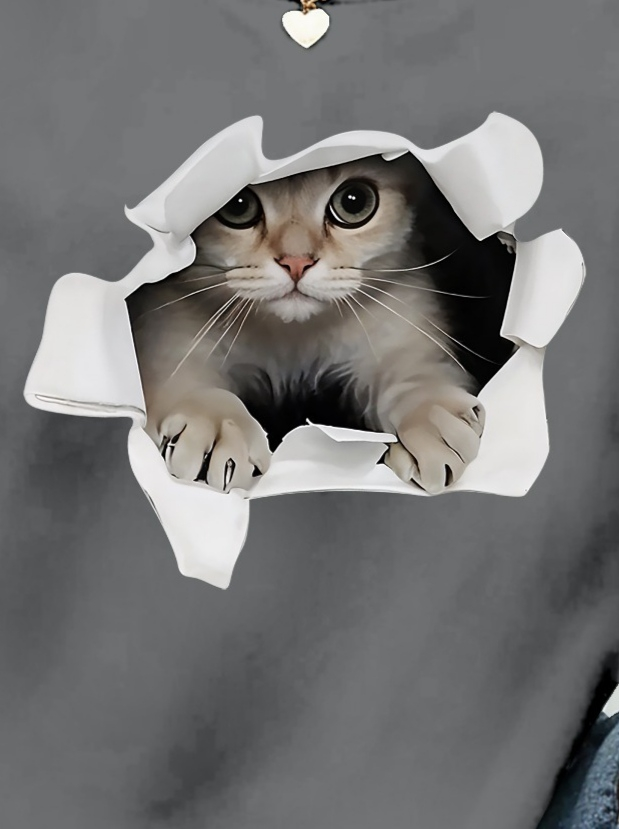 Kadın Uzun Kollu Bisiklet Yaka Kedi Desenli Viskon Iki Iplik Bluz (135279)