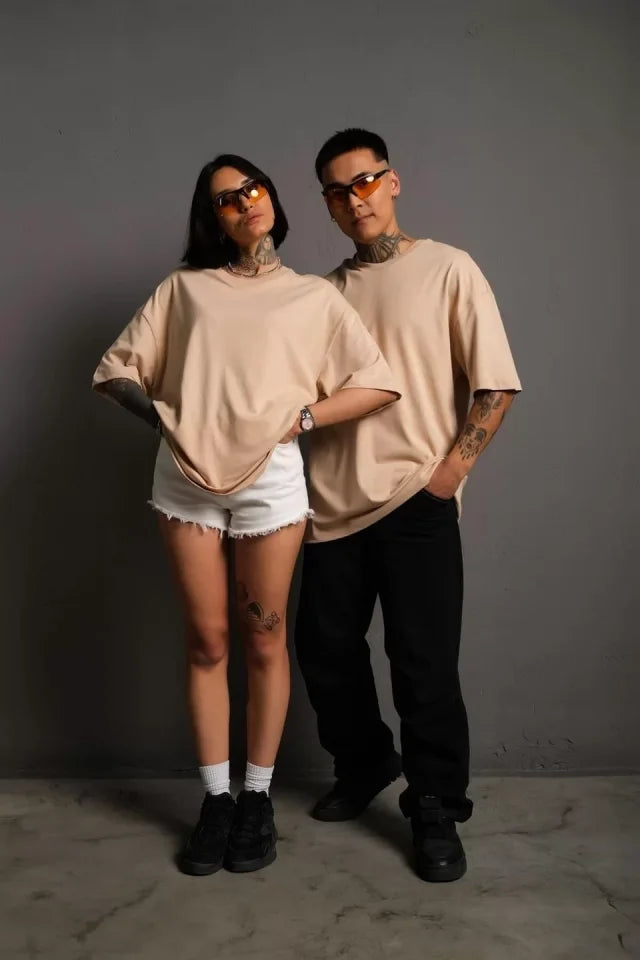 Erkek 24/1 Düz A Kalite Oversize T-shirt - Bej (92620)