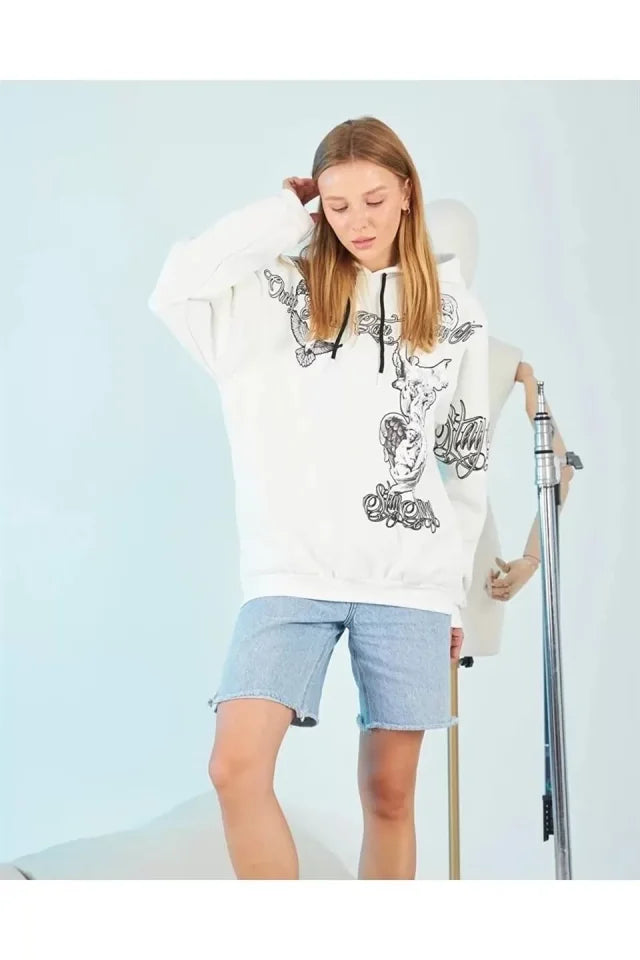 Kapüşonlu Strong Heykel Baskılı Sweatshirt - Beyaz (92645)