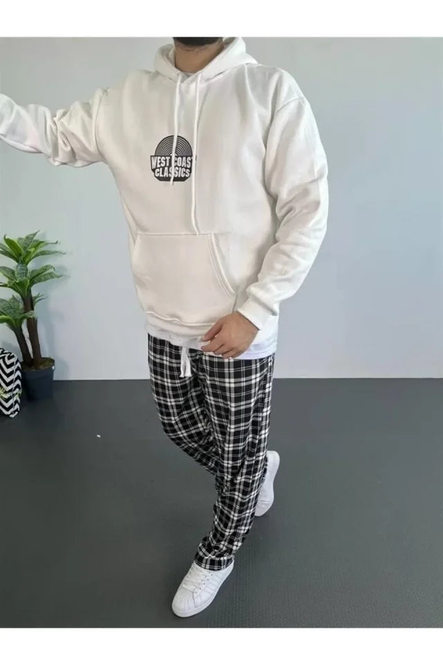 Erkek Baskılı Üç İplik Kapüşonlu Oversize Sweatshirt - Beyaz (92646)