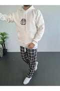 Erkek Baskılı Üç İplik Kapüşonlu Oversize Sweatshirt - Beyaz (92646)
