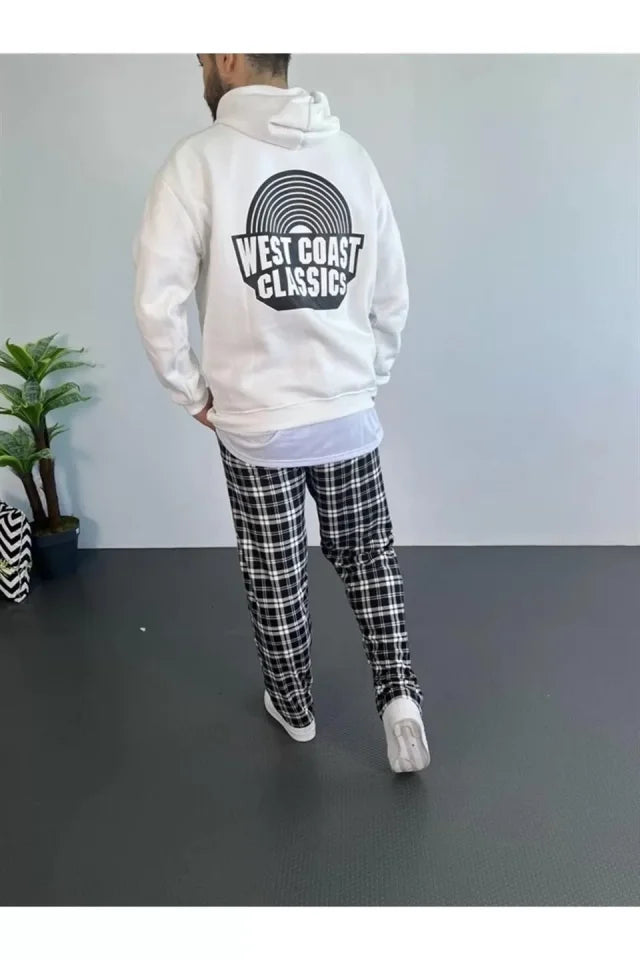 Erkek Baskılı Üç İplik Kapüşonlu Oversize Sweatshirt - Beyaz (92646)