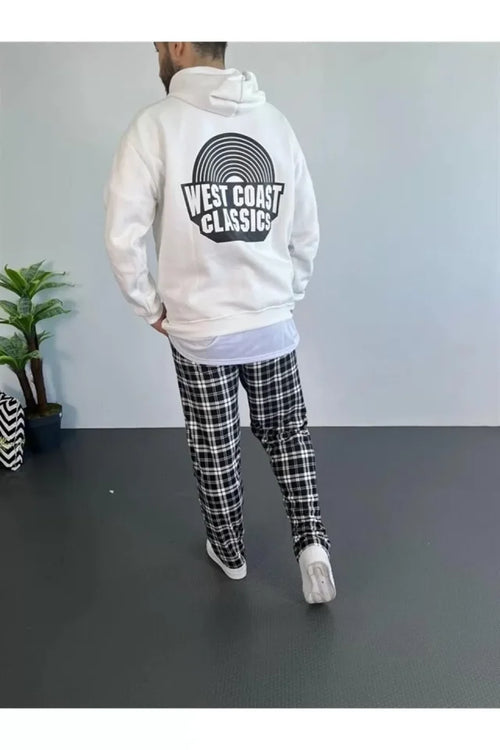 Erkek Baskılı Üç İplik Kapüşonlu Oversize Sweatshirt - Beyaz (92646)
