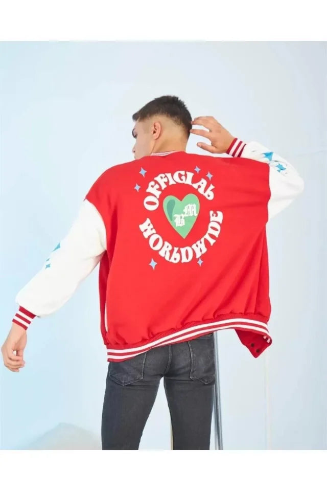Erkek Kolları Yıldız Sırt Baskılı Oversize Kolej Ceket - Kırmızı (92647)