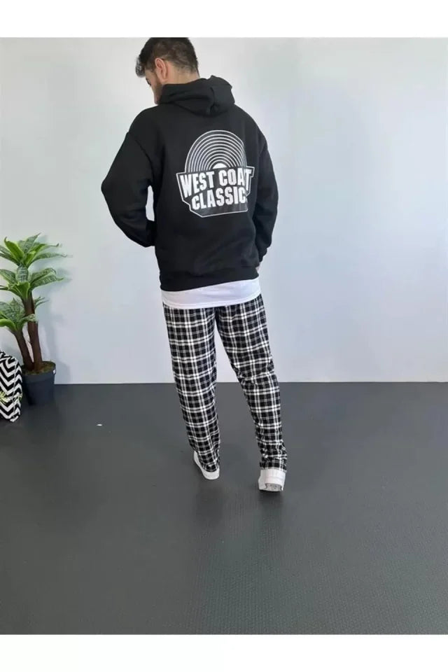 Erkek Sırt Baskılı Kapüşonlu Üç İplik Oversize Sweatshirt - Siyah (92648)