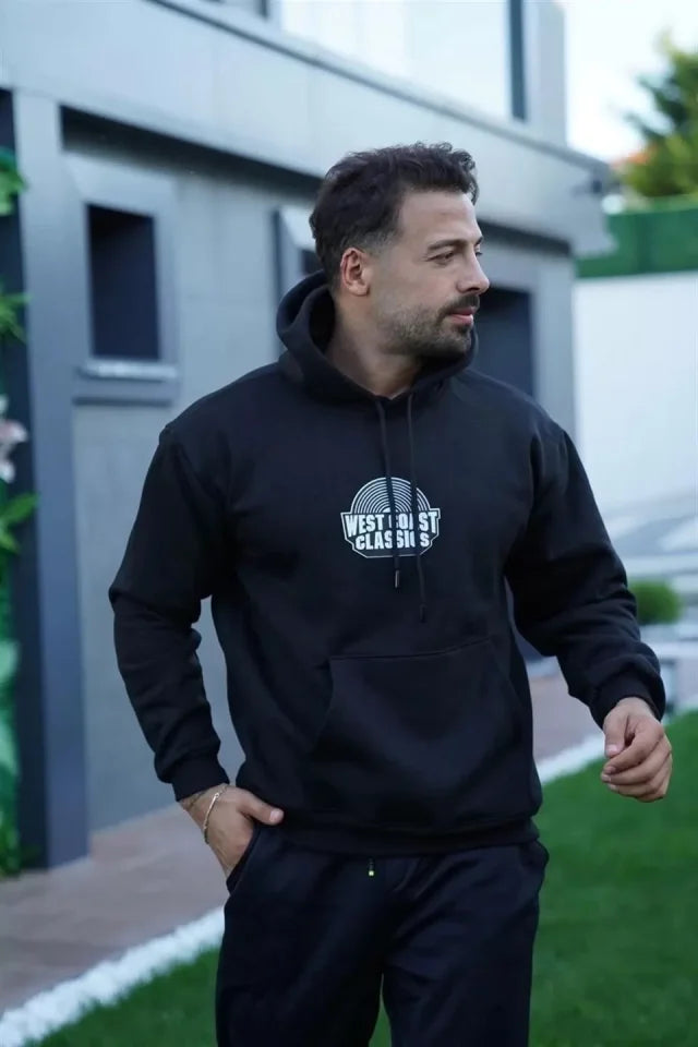 Erkek Sırt Baskılı Kapüşonlu Üç İplik Oversize Sweatshirt - Siyah (92648)