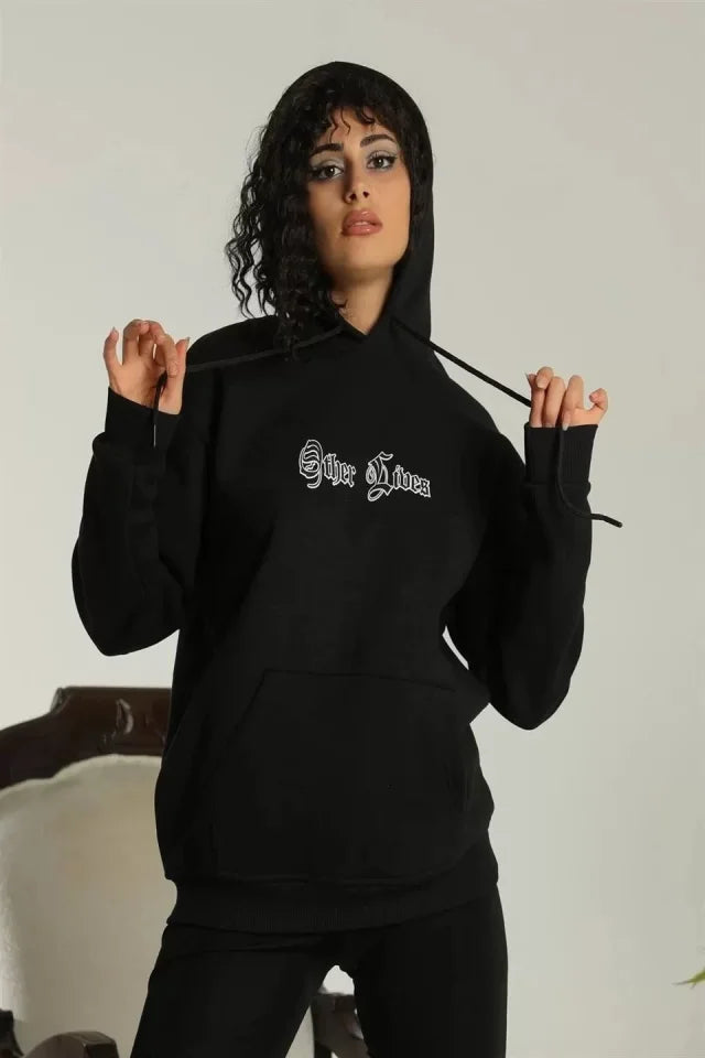 Sırt Baskılı Oversize Üç İplik Kapüşonlu Sweatshirt - Siyah (92650)