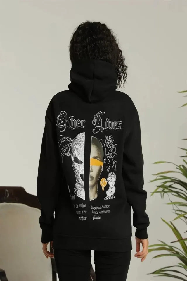 Sırt Baskılı Oversize Üç İplik Kapüşonlu Sweatshirt - Siyah (92650)