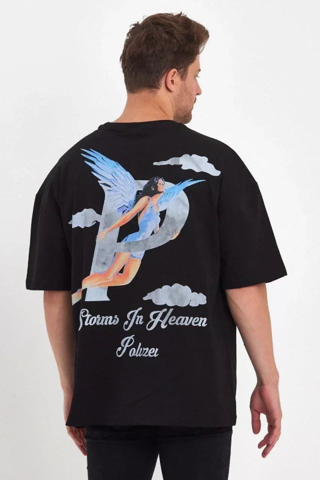 Erkek Melek Baskılı Oversize T-shirt - Siyah (92664)