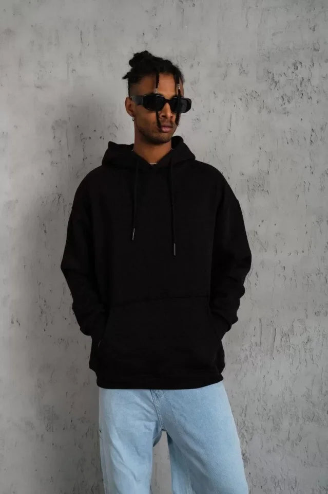 Erkek Düz Kapüşonlu Sweat - Siyah (92679)