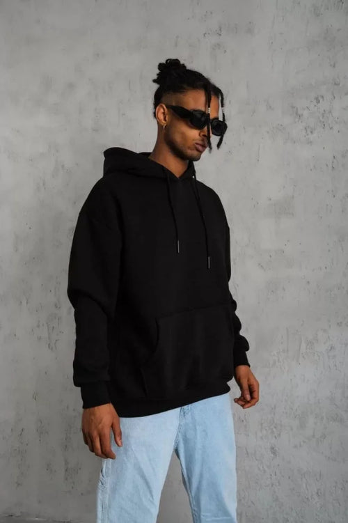 Erkek Düz Kapüşonlu Sweat - Siyah (92679)