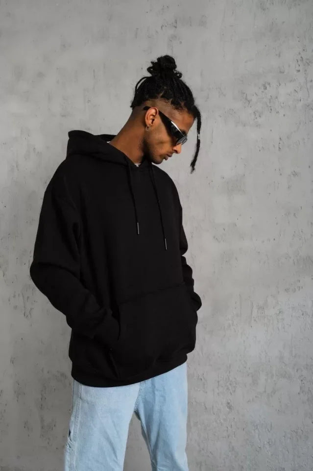 Erkek Düz Kapüşonlu Sweat - Siyah (92679)